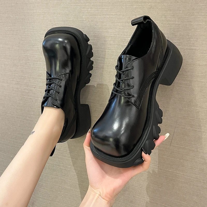 

Lolita Girl's Square Toe Oxfords Casual Square Heel Platforms Shiny Black Leather Women's Autumn New Shoes Slip-on Lazy Loafers