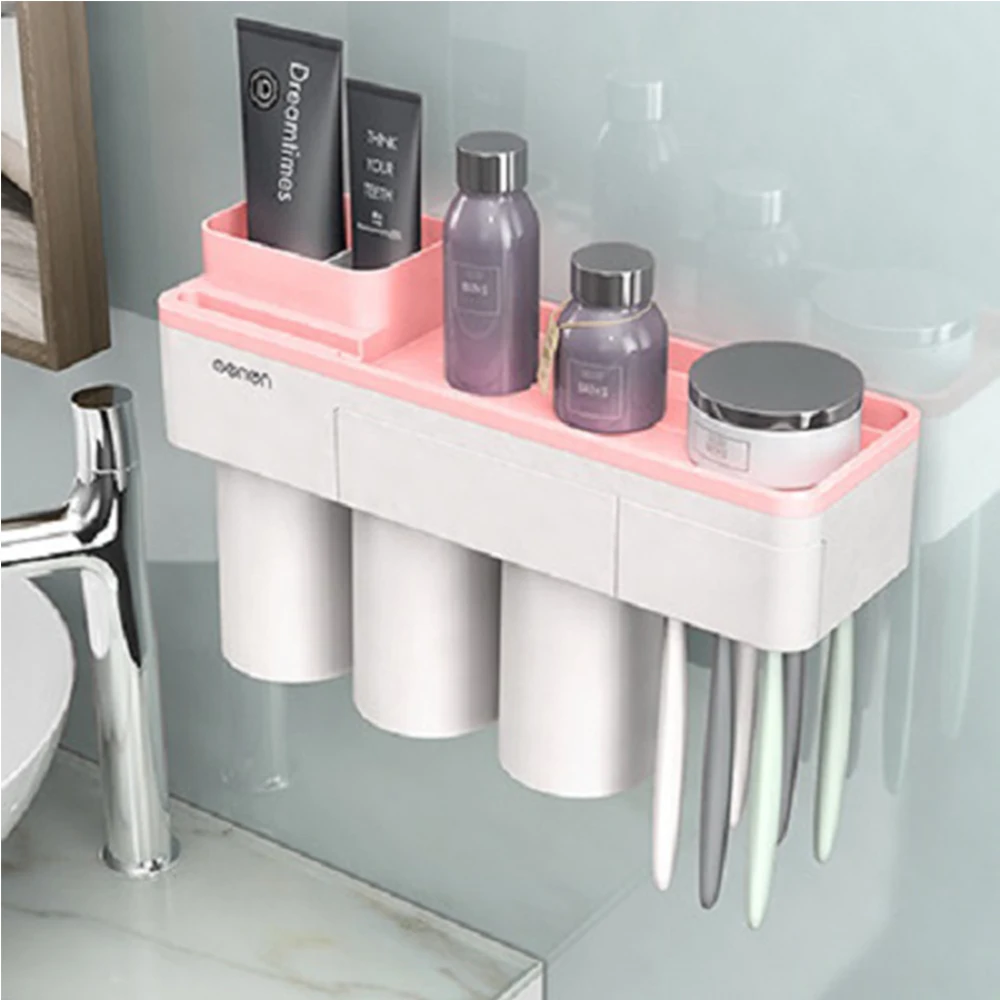 Магнитная Адсорбция Зубная щётка держатель с креплением на стену, автоматический диспенсер для зубной пасты для ванной полка для ванной Аксессуары - Цвет: as shown 3 cups