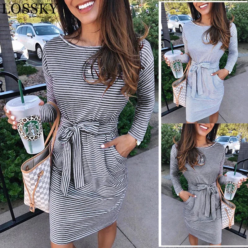 

Women Striped 2019 Autumn Winter Mini Dress Casual Round Neck Long Sleeve Pocket Belt Pencil Slim Dress Basic Button Dresses New
