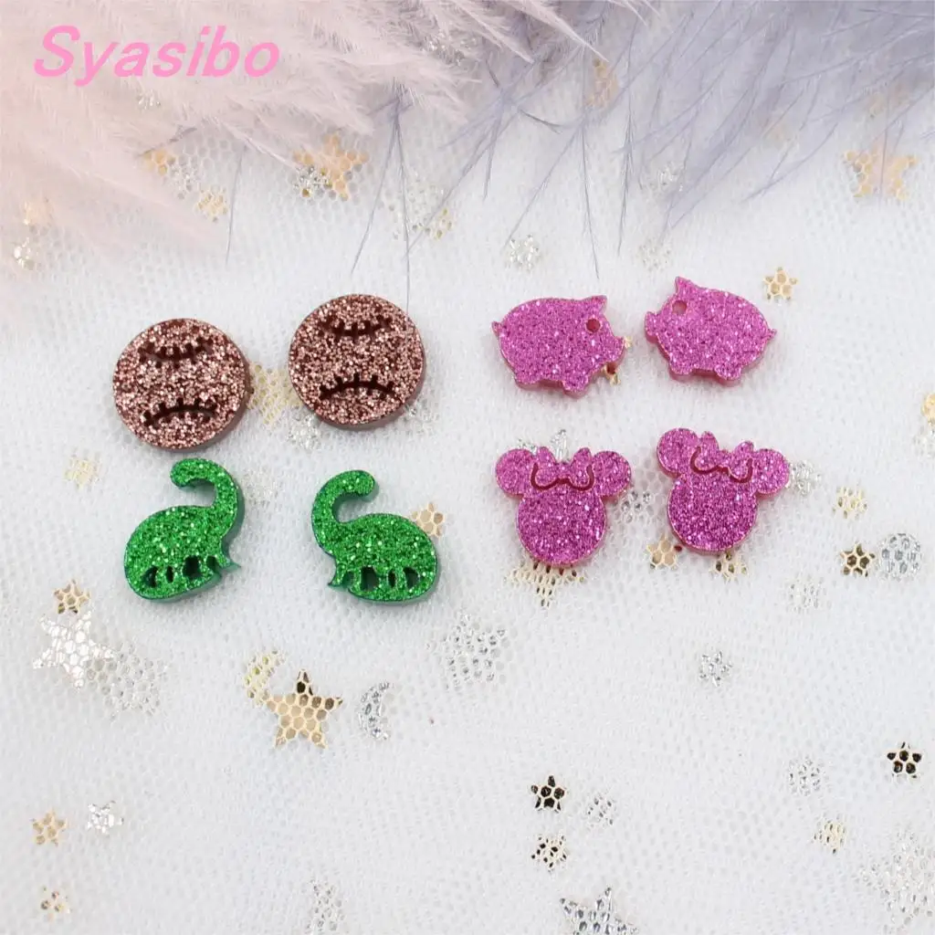 

(40pcs /lot) 12mm Assorted Giltter Earring (No Stud) Pink Female Mouse Ball Dinasour Earrings 0.5inches Laser Cut -AC1578