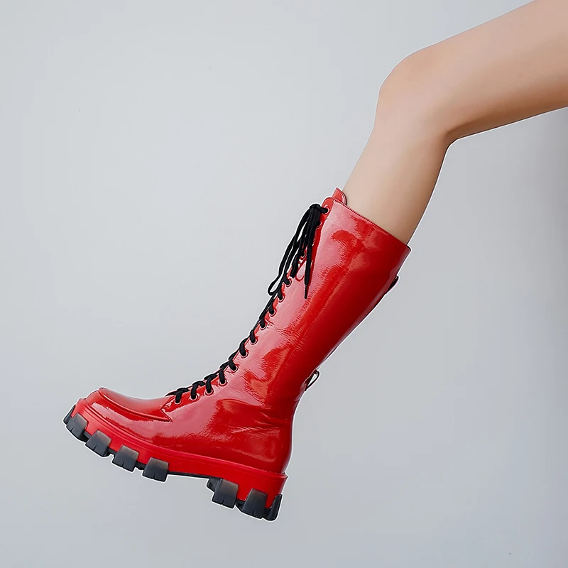 

Salu 2019 hot sale women mid calf boots genuine leather motorcycle boots round toe autumn winter boots high heels shoes woman