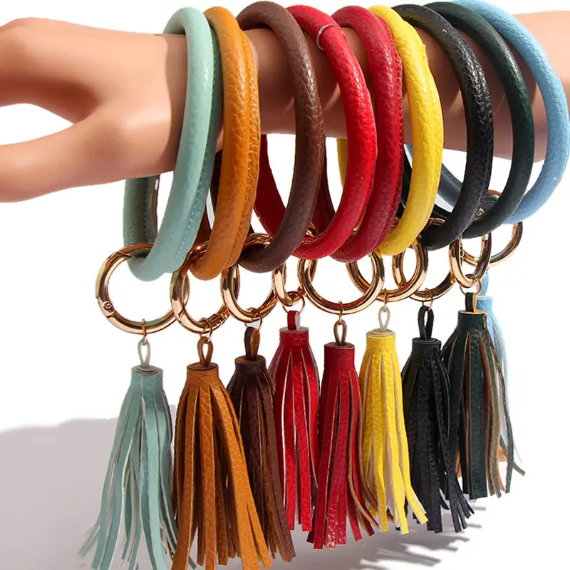 

JUST FEEL 2019 Multicolor Leather Tassel Women Keychain Enamel PU Leather O Key Chain Circle Wristlet Keychain For Women Girls