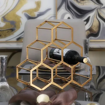 

European-style red wine shelf decoration simple modern bronzed metal living room furniture hotel model honeycomb wine rack