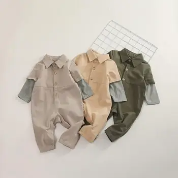 

7plus1 kids boys fashion overalls long sleeves romper with turn down collar army green solid color clothes for 3M 6M 9M 12M