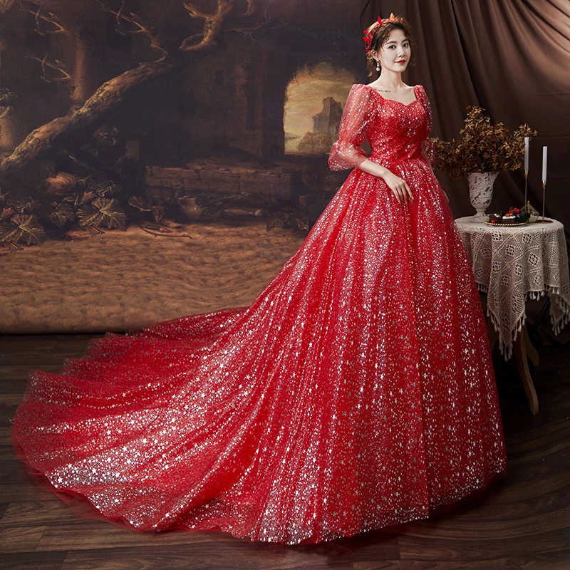 vestido-de-noiva-com-estrelas-brilhantes-feita-sob-encomenda-romantico-vermelho-plus-size-meia-manga-renda-princesa-traje-de-noiva-futura-esposa