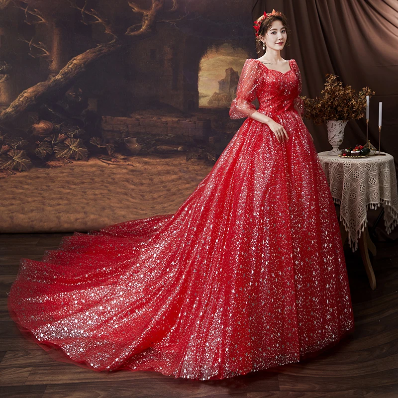 Beautiful Red Wedding Dresses Lace Long Sleeve Ball Gown With Train