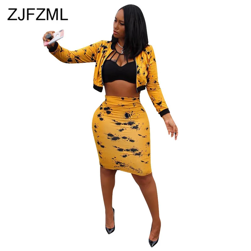 

ZJFZML Plus Size Sexy Two Piece Matching Set Autumn Black Yellow Print Clothes Long Sleeve Front Zipper Crop Top+Midi Skirts Set