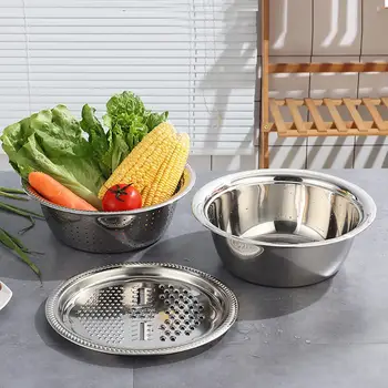 

3 in 1 Stainless Steel Multifunctional Basins Julienne Peeler Grater Rice Washing Basin Camping Kitchen Drain Baskets