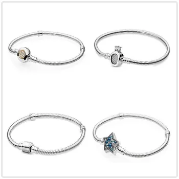 

925 Sterling Silver Bracelet Moments Crown O & Snake Chain Bracelet Fit Women Bead Charm Diy Pandora Jewelry