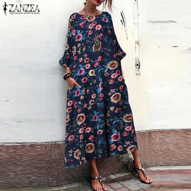 ZANZEA женское богемное платье, женское винтажное длинное платье с цветочным принтом, Повседневное платье с круглым вырезом и карманами