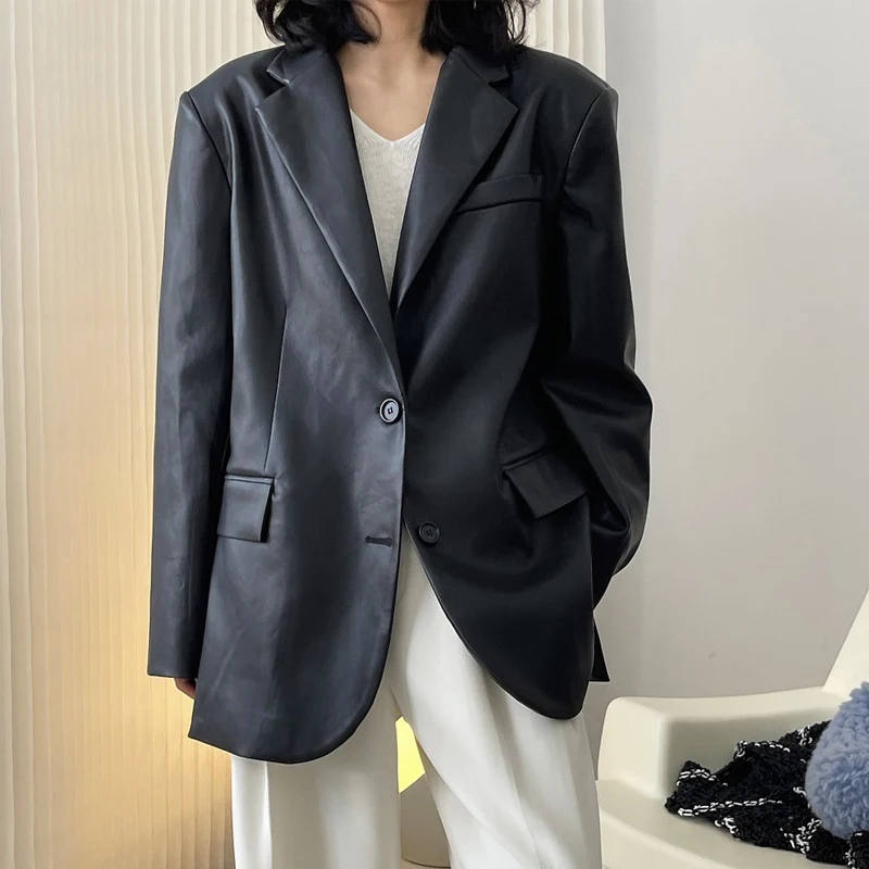 

Autumn and winter women's casual solid color single-breasted pocket decoration loose PU jacket