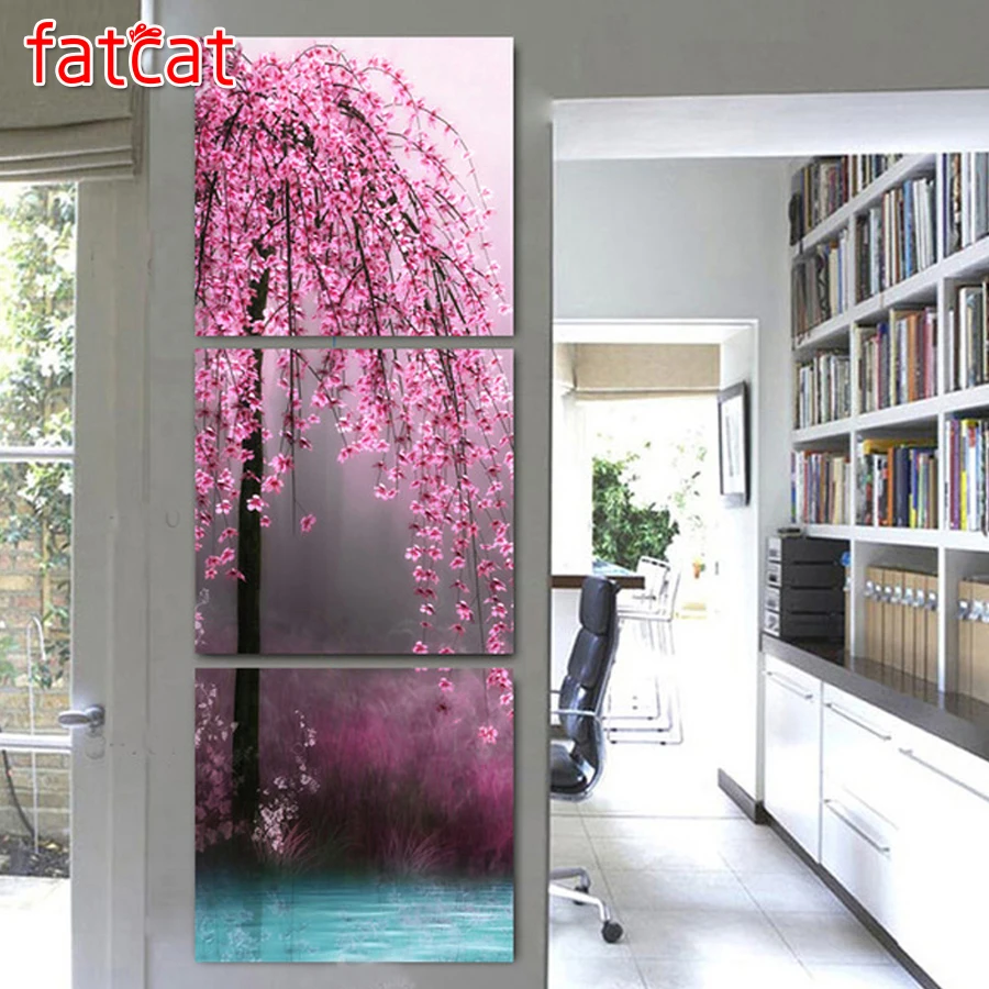

FATCAT triptych 5D diy Mosaic picture Diamond Embroidery Pink orchid flowers Diamond Painting full square round drill art AE397