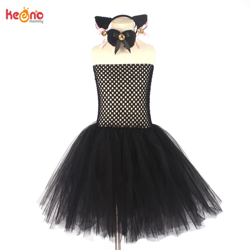 Kids Girl Black Cat Dress Cosplay Party Costume di Carnevale con accessori  per capelli, Coda