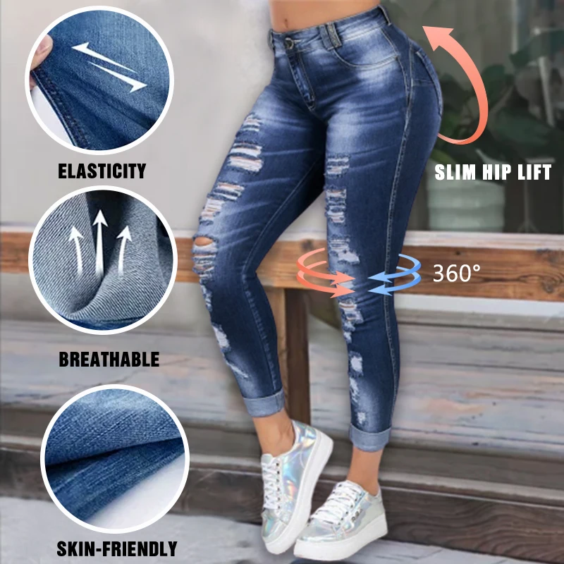 High Waist Skinny Ripped Jeans Women 2020 Fashion Trousers Washed Denim Jeans Hollow Hole Bleached Pencil Pants Plus Size S 6XL