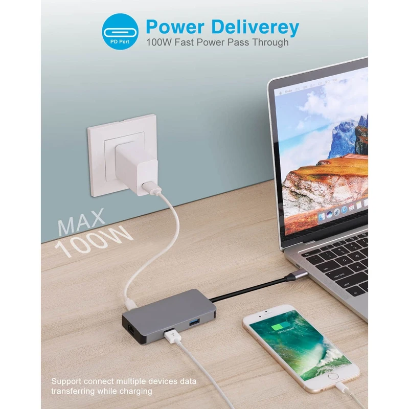7 в 1Hub Тип C док-станция к HDMI гигабитная сеть USB3.0+ SD/TF PD кардридер концентратор
