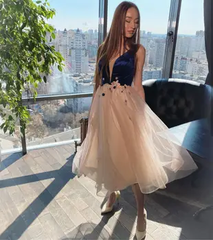 

Evening Dress Short Ankle Length V-Neck Sleeveless A-Line 2020 Women Christmas Party Formal Gowns Elegant Hand Made Flowers