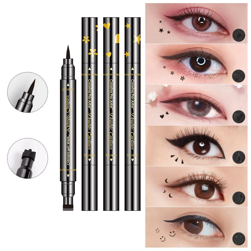 

Double-Headed Tattoo Stamp Black Eyeliner Waterproof Smudge-proof Eyes Make kit with Liquid Eyeliner Makeup Tool Heart/Star/Moon
