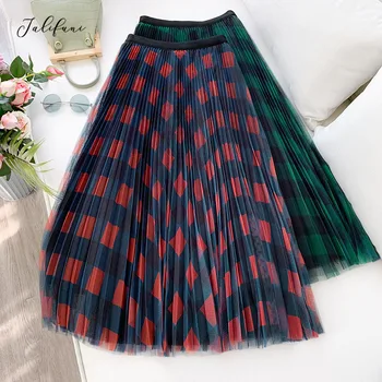 

Women Plaid Print Mesh Tutu Skirts Spring Summer Midi A-Line Skirt 2020 Casual Female Elasticy High Waist Party Pleated Skirt