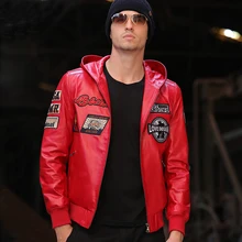 Модная красная кожаная мужская куртка, осенняя повседневная кожаная одежда с капюшоном, настоящая овечья кожа, настоящая верхняя одежда