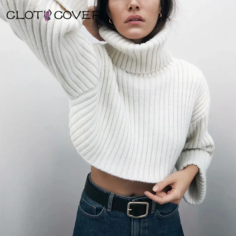 Women Fashion White Short Sweater Long Sleeve Turtleneck Collar Ribbed Female Warm Tops Solid Stripe Sexy Pullovers Jumpers | Женская