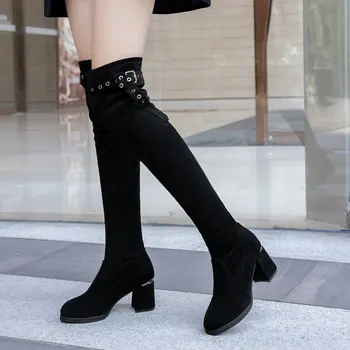 

Lucyever Fashion Buckle High Heels Over The Knee Boots Women Autumn Black Stretch Thigh High Boots Woman Long Botas Mujer 2020