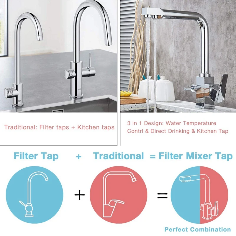 3 Way Water Filter Kitchen Taps Square Commercial Brass Single Hole Double Handles Swivel Spout Sink Mixer Tap