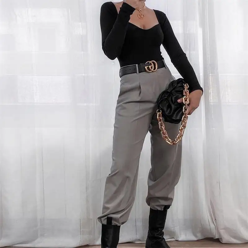 TRAF-suéter de punto elástico ajustado para mujer, ropa de calle Vintage con cuello en forma de corazón, manga larga, 2021