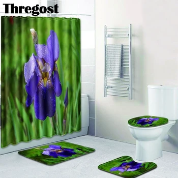 

Thregost 4pcs Toilet Carpet Set with Shower Curtain Washroom Mat Water Absorbent Mats Non Slip Rug Microfiber Toilet Seat Cover
