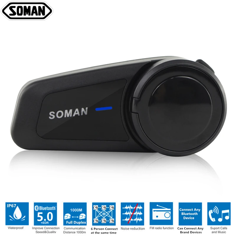 

SOMAN Intercom Headset Full Duplex Bluetooth Helmet Headset Intercom Six Riders Connect Waterproof Wireless Casco Moto Headphone