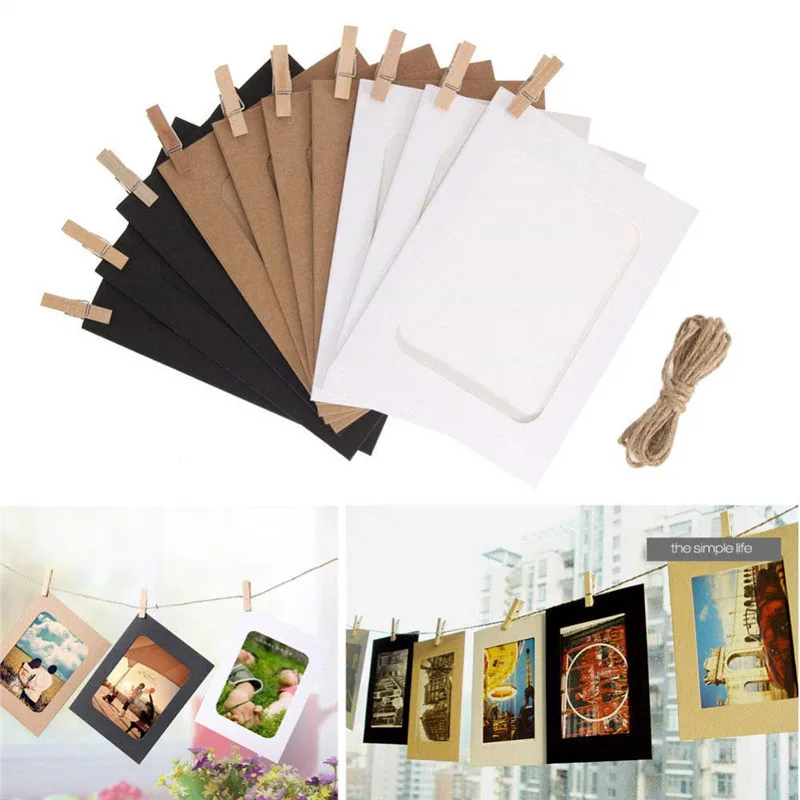 Photo Frame Wood Canvas Frame Wood Photo Frame Wood Frame Wood Picture Frame Art Frames 10 Pcs Combination Paper Frame with Clips DIY Kraft Paper Picture Frame Hanging Wall Photos Album 2M Rope Home Decoration Craft