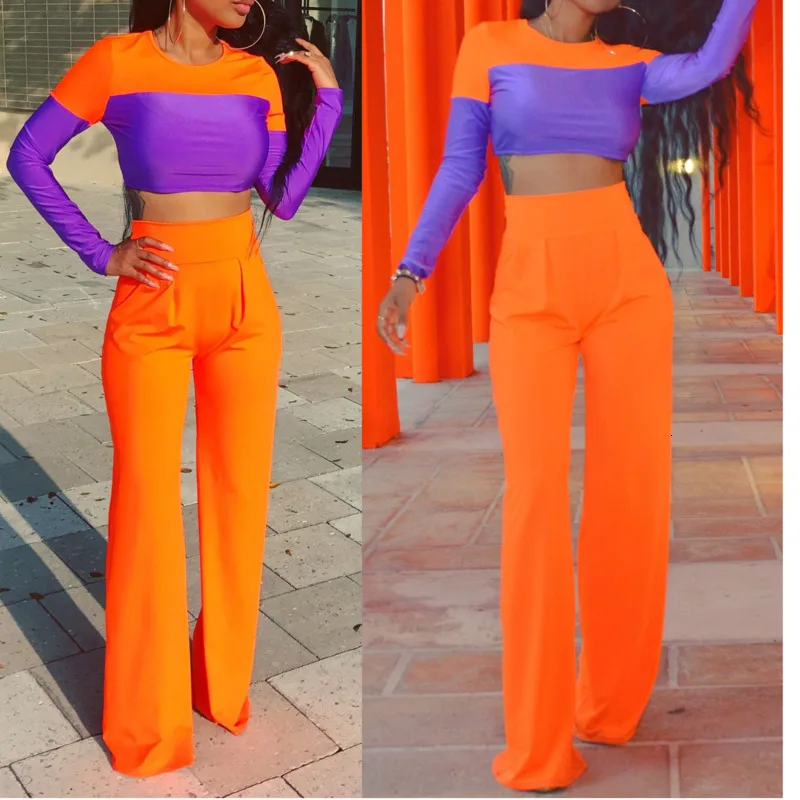 

2 Piece Set Women 2019 Patchwork Sexy Long Sleeve Tops And Pant Wide Leg Sweat Suit Two Piece Outfits Matching Set Jogging Femme