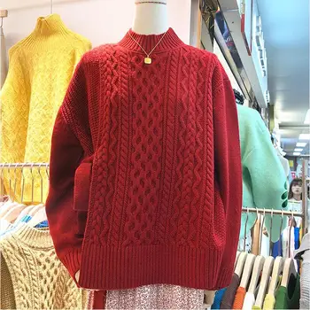 

2020 New Style for Autumn and Winter Solid Half-Collar Linen Flower Color Loose Slimming Sweaters for Women