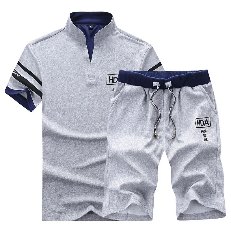 Мужские спортивные костюмы, летняя футболка с коротким рукавом+ шорты, повседневный облегающий спортивный костюм для мужчин s Masculino, комплект из двух предметов, Hombre - Цвет: Grey EM103