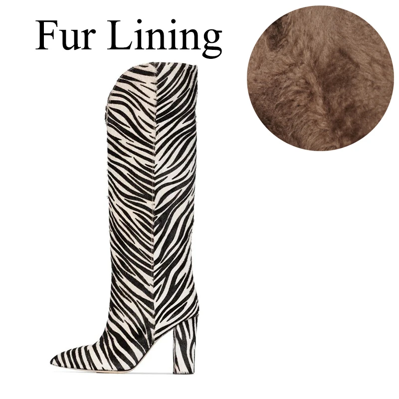 Plush Lining Сапоги до колена на не сужающемся книзу массивном каблуке с зеброй; женские сапоги с острым носком на высоком квадратном каблуке; сапоги из искусственного меха пони; женская зимняя обувь без застежки; коллекция года - Цвет: Plush Lining