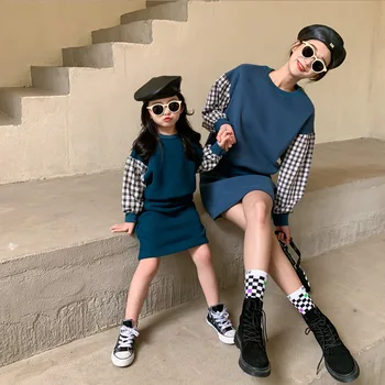 

Mom and Daughter Matching Clothes Set Fashion Korean Thick Plaid Splicing Sweatshirt Skirt 2pcs for Mommy and Me Family Look New