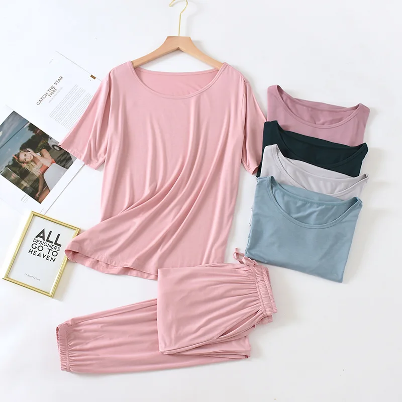 

Solid Color Pajamas Women's Summer Short Sleeve Pants Modal Thin Loose Simple Home Wear Casual Wear Can Be Worn Out