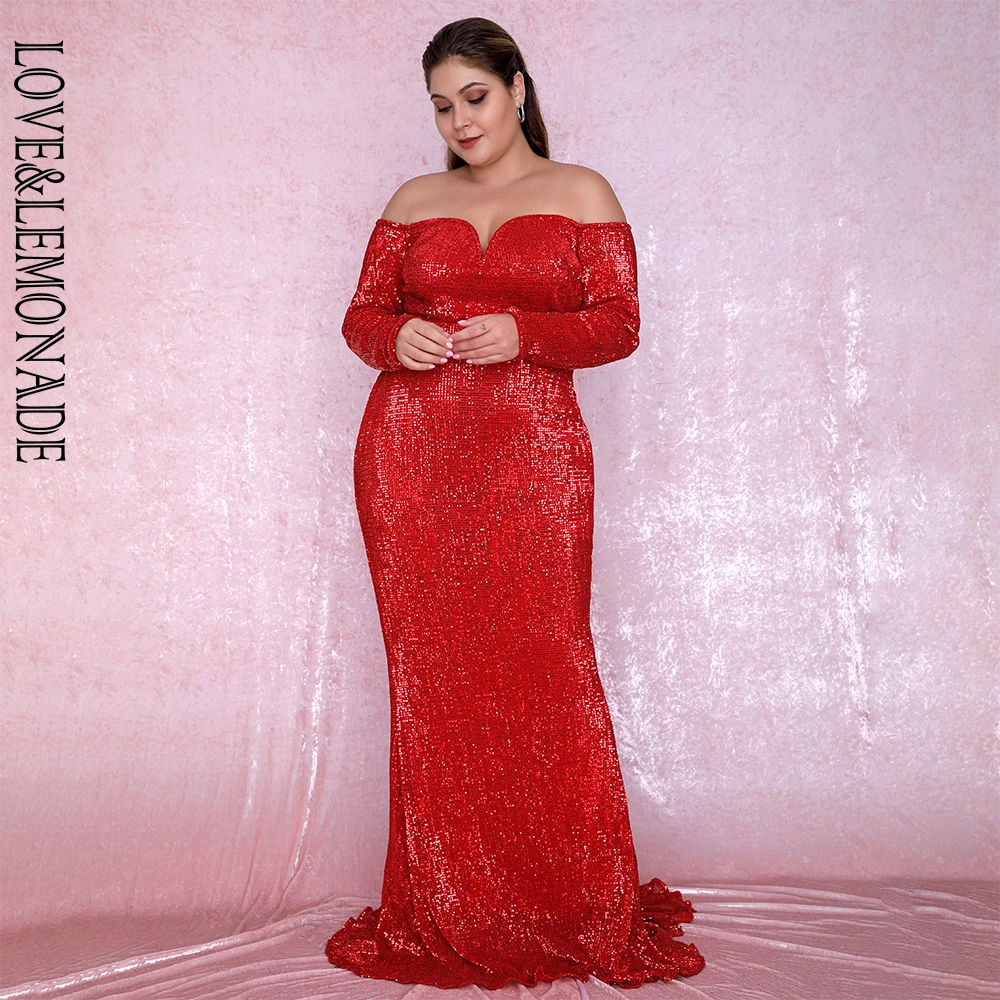 LOVE& LEMONADE размера плюс сексуальное красное с глубоким v-образным вырезом с открытыми плечами облегающее эластичное платье макси с блестками LM80273PLUS осень/зима