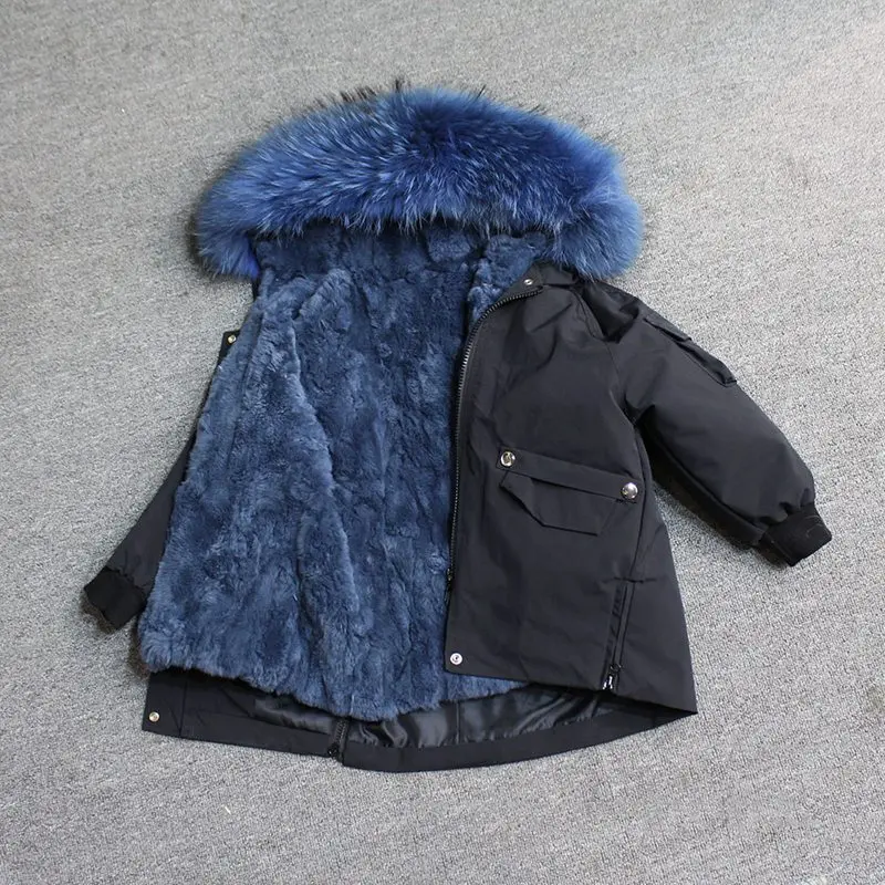black lake blue fur Для маленьких мальчиков детская зимняя куртка, детская куртка-пуховик для девочек зимняя куртка для детей в Зимняя куртка для девочек и мальчиков детские линией натурального меха кролика, парка, пальто - Цвет: black lake blue fur