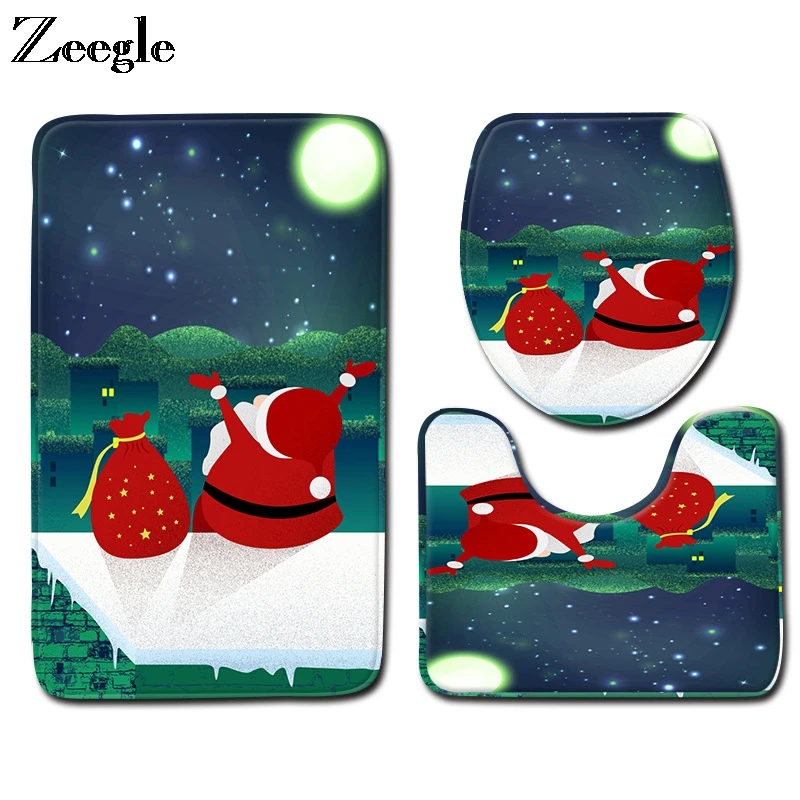 Zeegle Christmas Bath Mat Set Bathroom Decoration Non-slip Toilet Cover Mat Absorbent Toilet Pedestal Rug Foot Mat Toilet Set