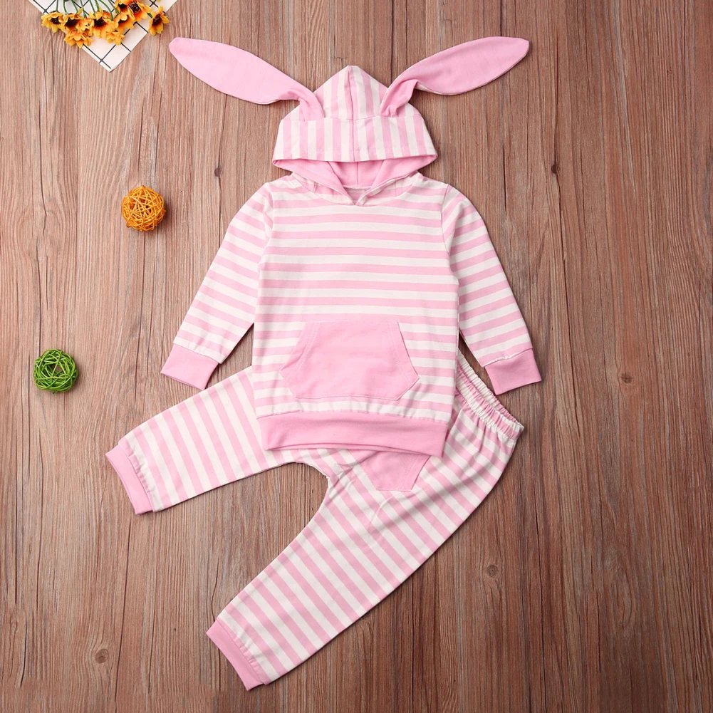 Newborn Baby Girl Clothes Stripe Rabbit Ears Even Hat Jacket Tight Trousers Pants Suit 0-24 Months
