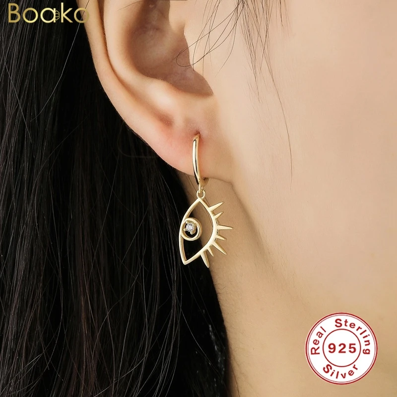 BOAKO 925 Sterling Silver Hollow Abstract Eyes Zircon Hoops Earrings for Women Smooth Huggie Fine Jewelry Brincos 2021 | Украшения и