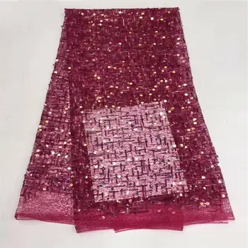 

Beautifical african lace fabrics 5yards rose red sequins net lace fabric for women dress 5yards Latest lace nigerian fabric ML7N