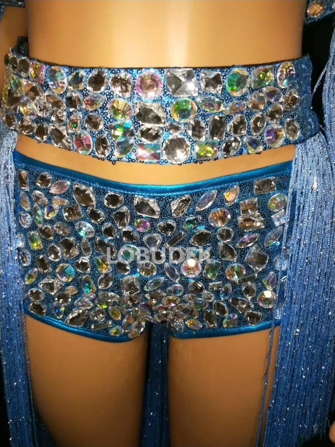 Sparkly Big Rhinestones Blue Tassels Bikini Shorts 4 Pieces Set Women DJ Singer Dance Outfit Bar Party Show Sexy Crystal Costume