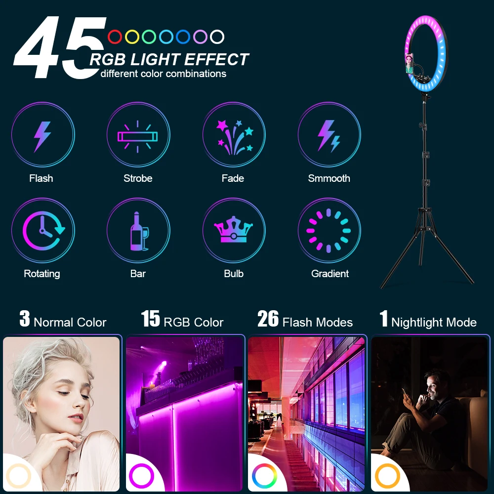 Lâmpada com Tripé Iluminação ao Vivo para o Telefone Luz de Preenchimento Polegada Anel 50w Fotografia Remoto 45cm Led Pode Ser Escurecido Selfie 18 Rgb Luz - Image 5