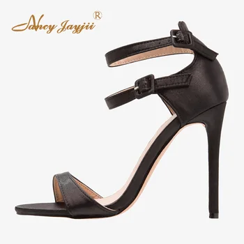 

Black Red Satin Ankle Wrap Stilettos Sandals Woman Super High Thin Heels Buckle Strap Female Dress Casual Shoes Large Size 12 16