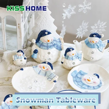 

NEW Snowman tableware Cute ceramic ornaments decorative snack bowl teapot storage jar seasoning bottle plate snowman tableware