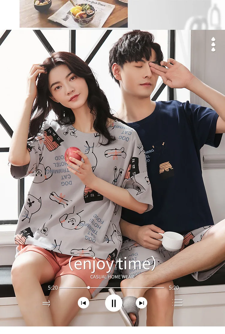 Summer Men Pajamas Set Cute Cartoon Print Blue Short Sleeve Sleepwear Soft Loose O-Neck Male Nightwear Plus Size Men 's Homewear cotton short pyjamas