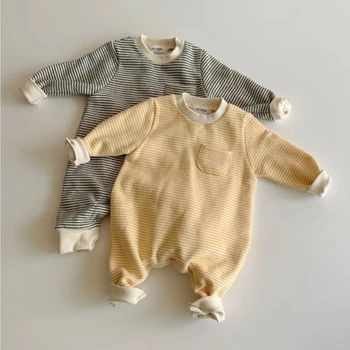 

2019 Baby Knit Romper Striped Plus Velvet Toddler Romper Thick Romper Winter Baby Rompers Baby Long Sleeve Romper