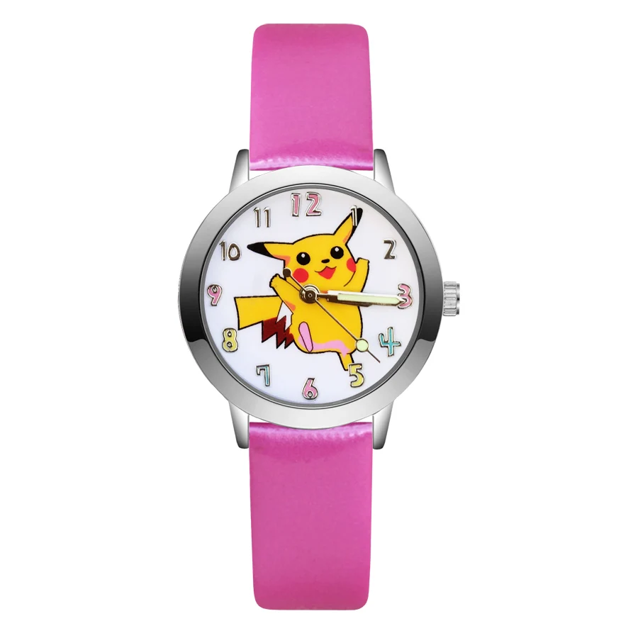 Модные милые детские часы в стиле Пикачу, кварцевые наручные часы с кожаным ремешком для девочек, JA88