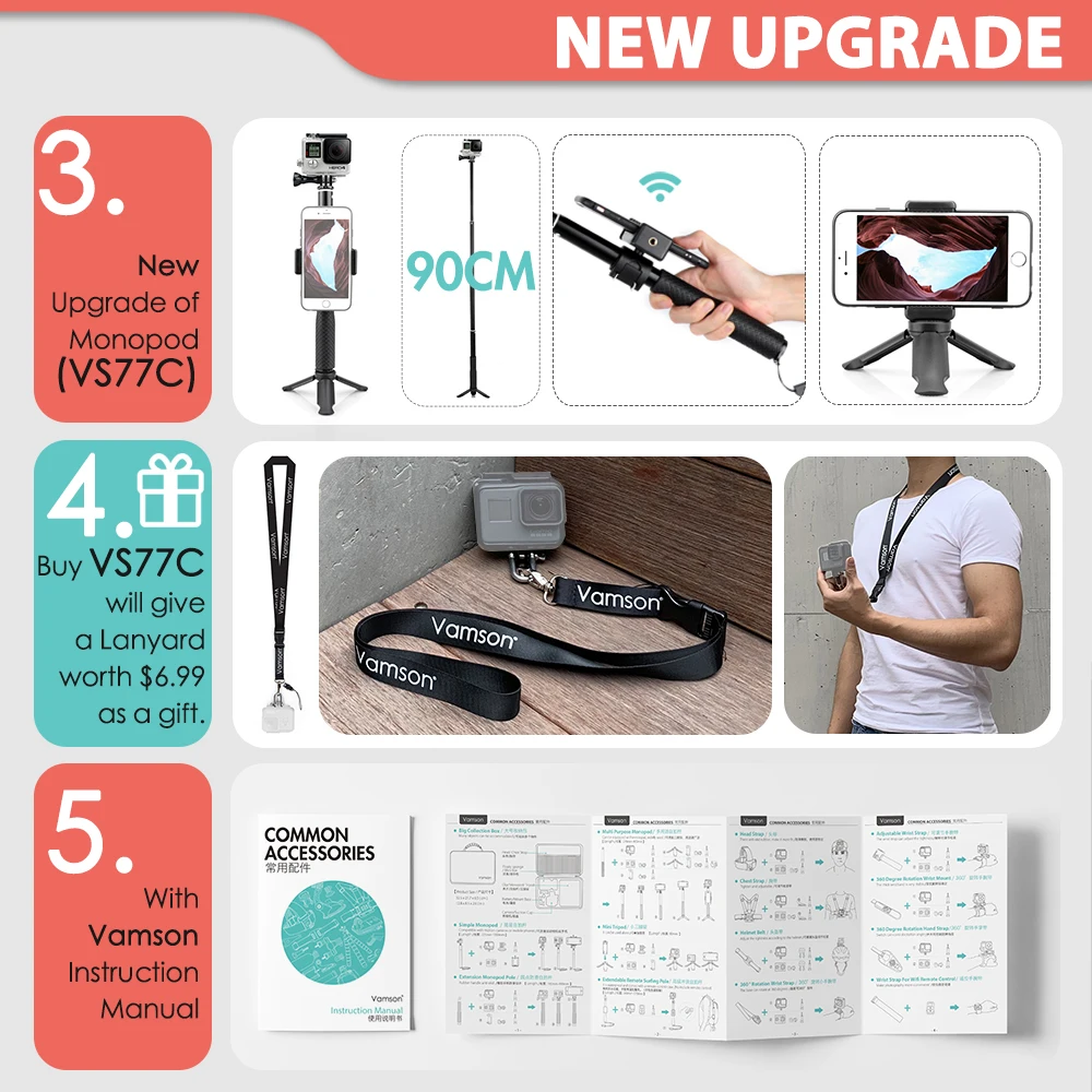 Skup Vamson dla akcesoria gopro zestaw dla go pro hero 8 7 6 5 4 zestaw 3 way selfie stick dla Eken h8r dla xiaomi dla yi pokrowiec eva VS77